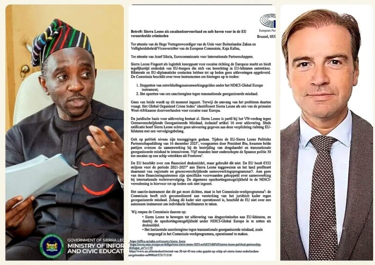 A three-panel collage featuring Sierra Leone's Information Minister, Chernoh Bah, on the left, a copy of a June 5, 2026 letter attributed to Dutch Member of the European Parliament Malik Azmani in the center, and a portrait of Malik Azmani on the right. The letter discusses Sierra Leone's alleged role in cocaine trafficking and calls on the European Union to consider sanctions and development aid measures.