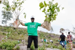 Orange and Tacugama team members working together to plant young tree saplings in a degraded area of the Western Area Peninsula National Park on World Environment Day