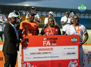 A symbolic presentation of NLe150,000 cash prize to East End Lions for winning the 2026 Orange FA Cup  